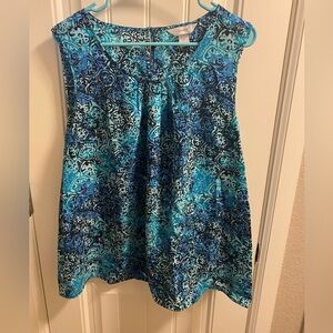 CJ Banks 1X Top Blue Tank Sleeve Blouse Button Neck Shirt